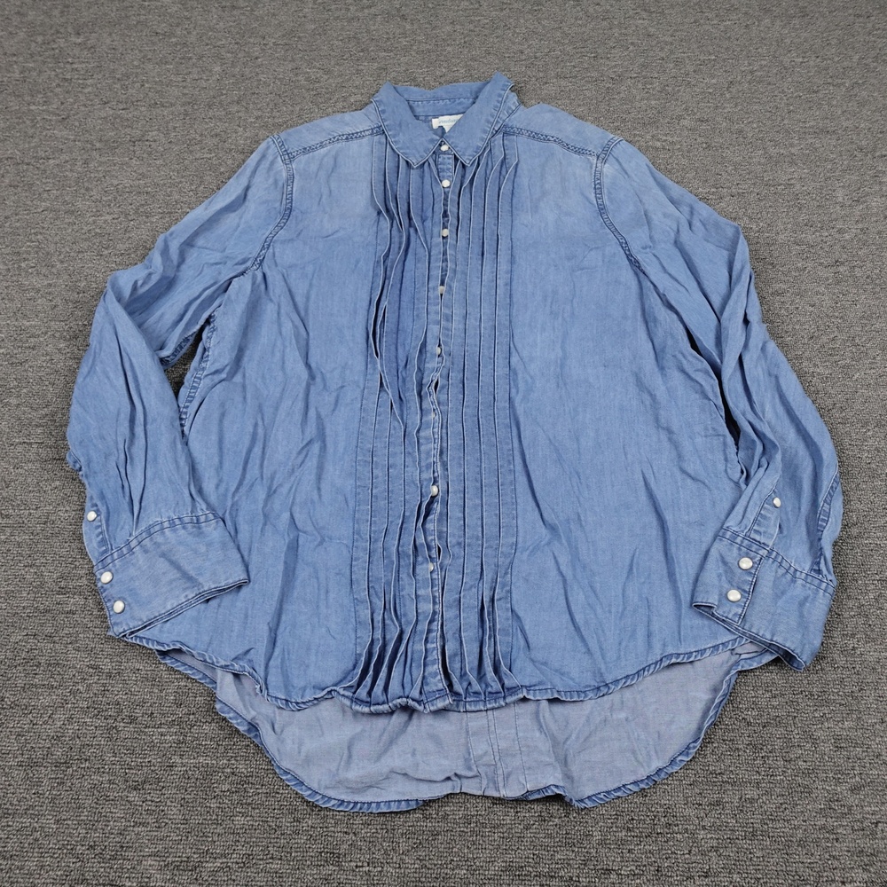 Sundance Blouse Womens Large Blue Chambray Pleated Tunic Long Sleeve Snap Top